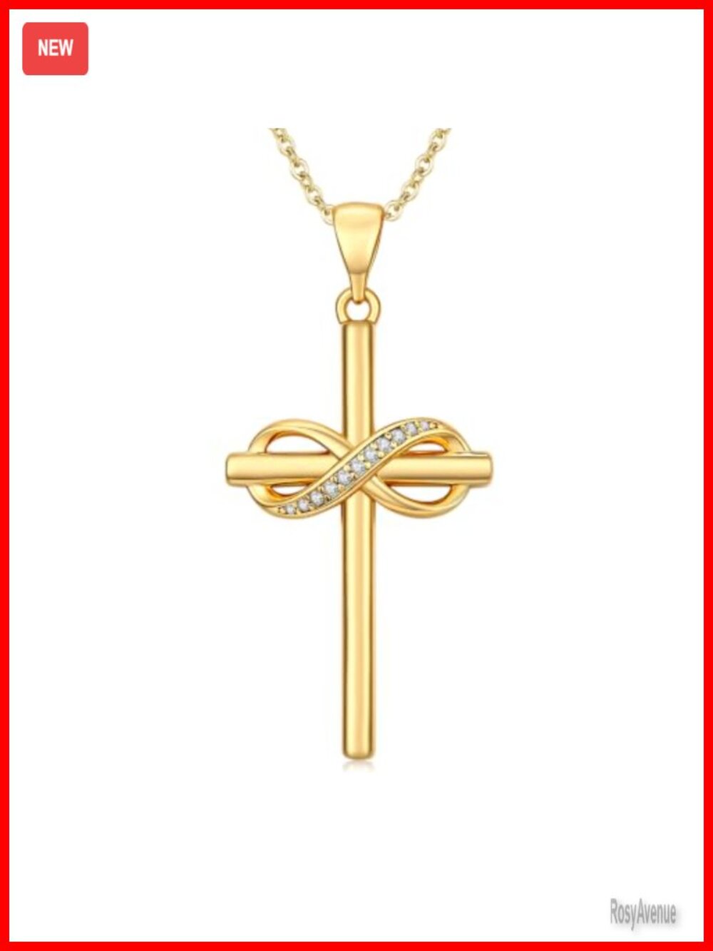 14K Gold Plated Cross Necklace Infinity CZ Pendant 18in Adjustable Chain